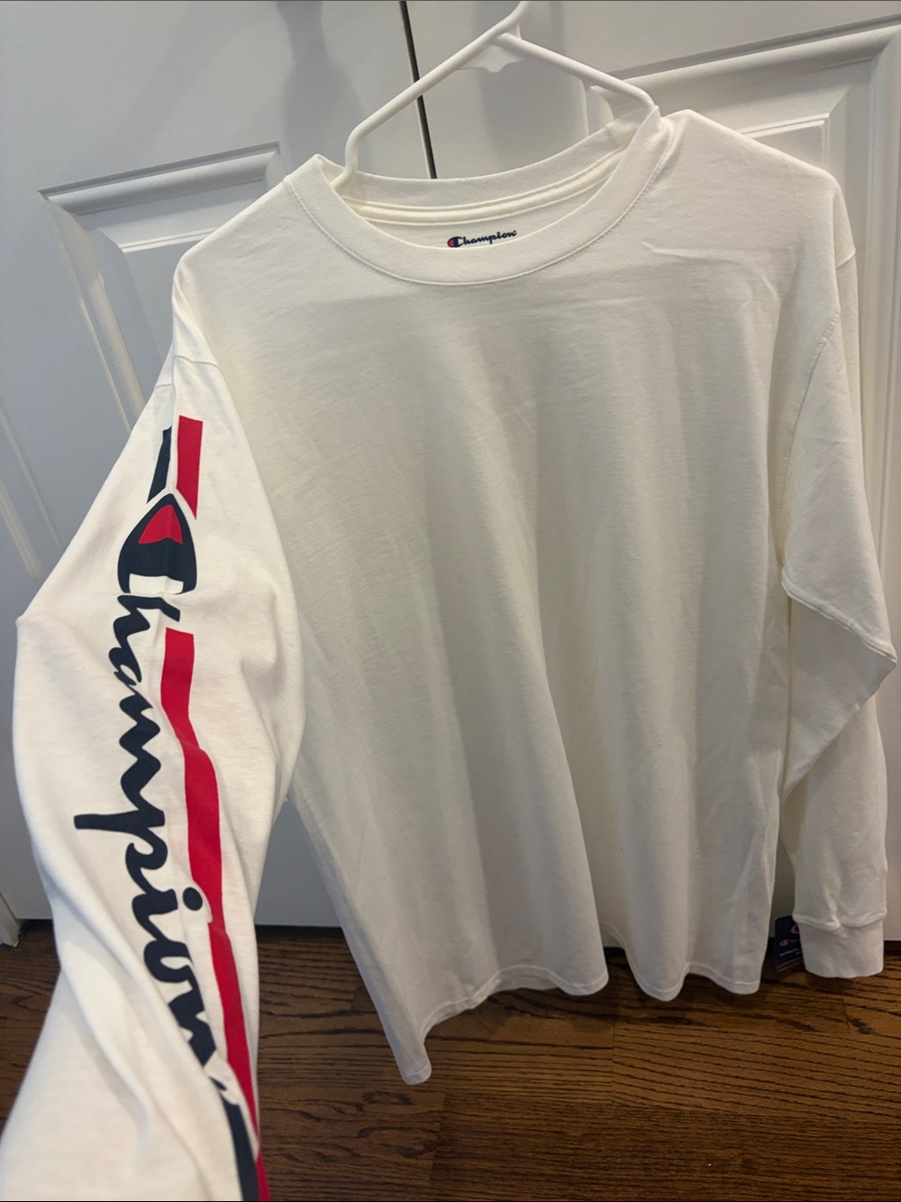 Champion White Long Sleeve Tee with Red and Navy Sleeve Script